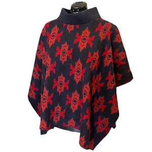 Heritage-Inspired Heavyweight Vintage 80s Wool Poncho – Red Geometric Pattern